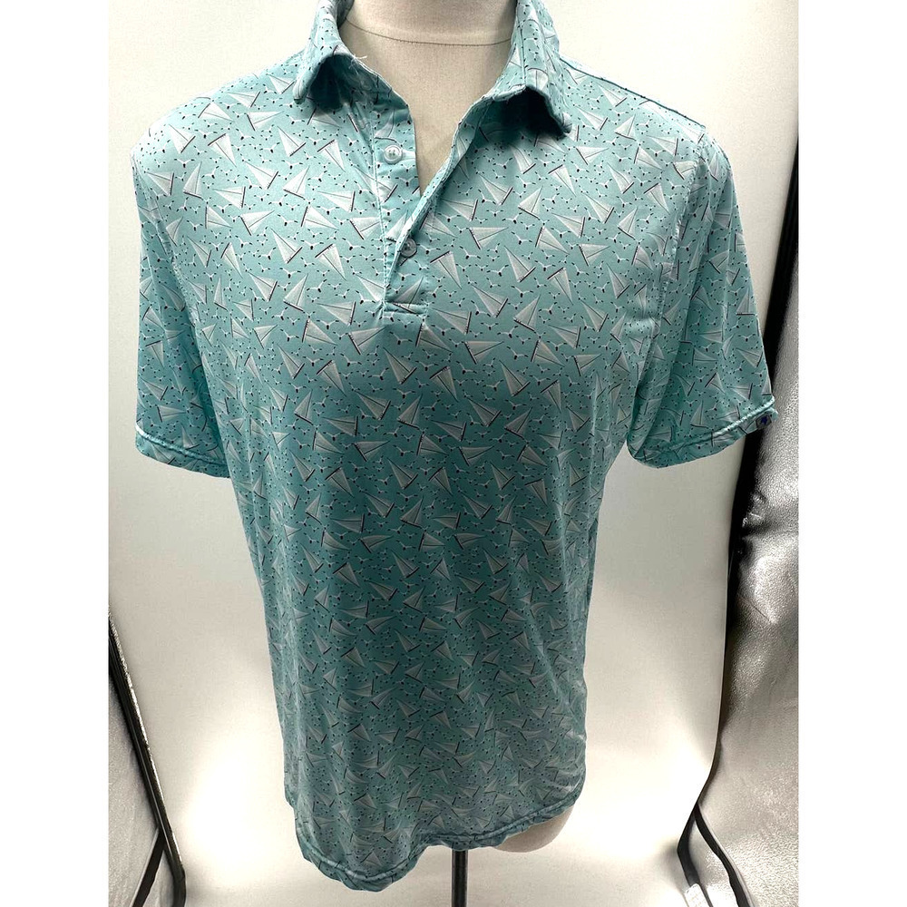1764 Aqua/White Sailboat Print Short Sleeve Golf Polo- L